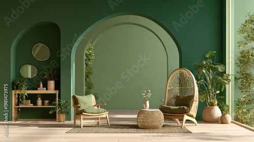 Interior living space featuring natural wood furniture and rich green walls with arched doorways