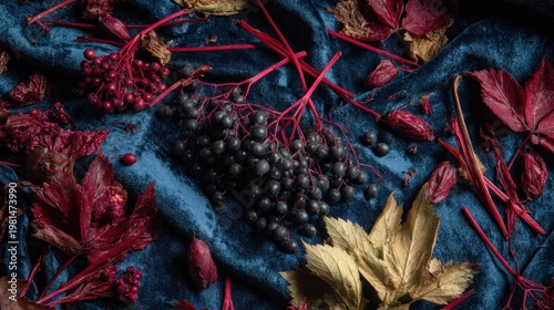 Dark berries and richly colored foliage are artfully arranged upon deep blue fabric.