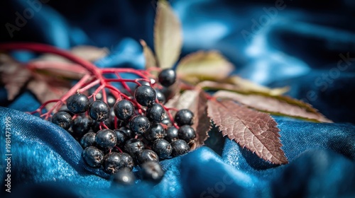 Cluster of dark purple berries rests upon deep blue satin fabric with accompanying foliage.