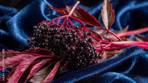 Dark purple berries and deep red foliage rest upon rich blue velvet fabric