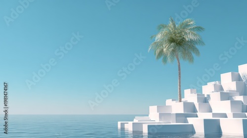 Tropical palm tree rises from geometric white blocks situated in calm ocean water under a clear blue sky