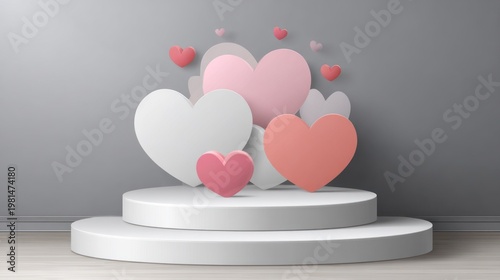 Several floating hearts of various sizes and colors surround a circular white podium against a gray background