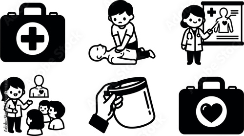 Black and white medical first aid kit cpr training and healthcare icons vector art