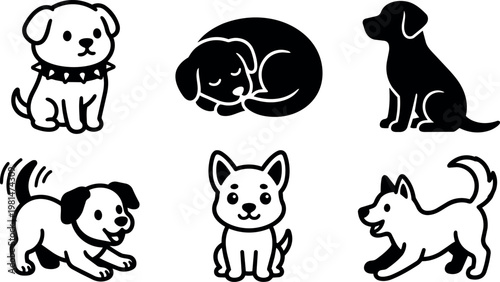 Black and white cute dog icons in various poses vector art