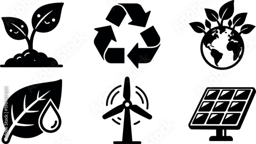 Black and white eco icons with leaf sprout recycle earth wind turbine and solar panel