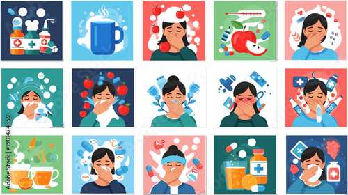 Set of Sick Person Illustrations Featuring Flu Symptoms Medicine Tea Vitamins and Healthcare Elements in Modern Flat Design Collection