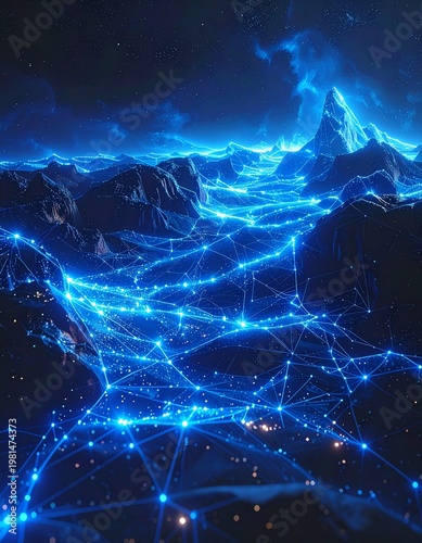 暗闇に広がる青く輝くデジタル波と粒子の抽象的な三次元空間 — テクノロジーとサイバーをイメージした幻想的な背景素材