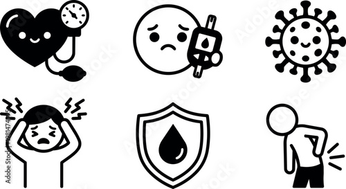 Black and white health icons including heart pressure virus glucose headache pain shield