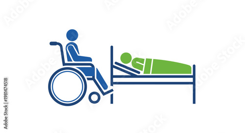 Disabled person in a wheelchair beside bed.