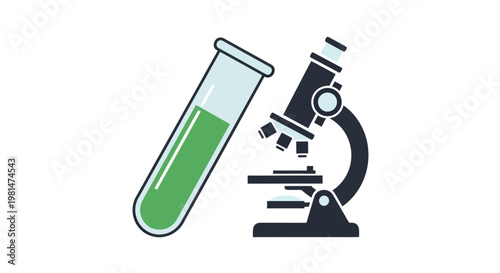 Microscope and green liquid test tube.