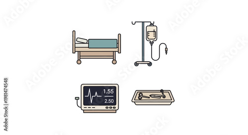 Medical hospital equipment and bed.