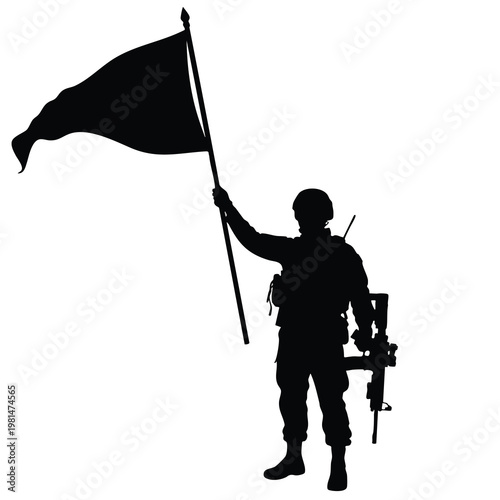 Silhouette of a Person Holding a Flag and a Backpack on a Mountain Peak