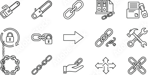 Chains, Links, and Tools Icon Set Featuring Chainsaws, Locks, Wrenches, and Connective Elements for Mechanic, Repair, and Security Illustrations