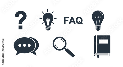 A set of flat design icons representing frequently asked questions and knowledge