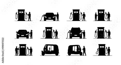 Petrol pump fueling cars and auto vector set with gas station service and vehicle refill scenes