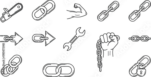 Chain and Link Icon Set Featuring Chainsaws, Links, Wrenches, and Strength Symbols for Tools, Connections, and Strength Illustrations