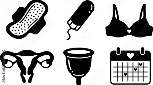 Black and white icons feminine hygiene products calendar uterus bra menstrual cup tampon pad