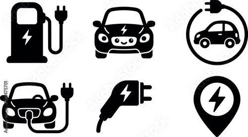 Black electric car charging icons with plug and station vector art