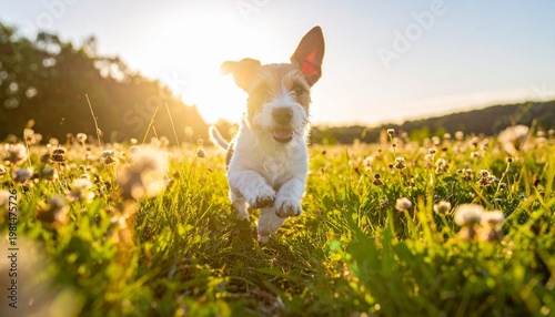 Dog running in grassy meadow