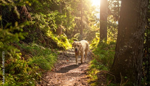 Dog walking forest trail sunlight