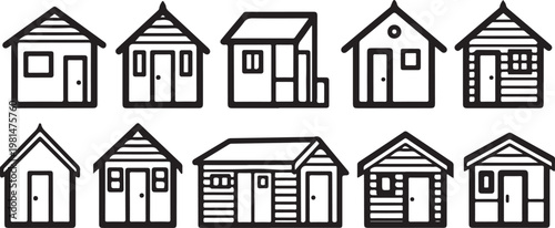 A collection of diverse architectural house designs in black and white line art Vector