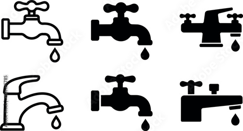 Black and white dripping faucet icons set vector art