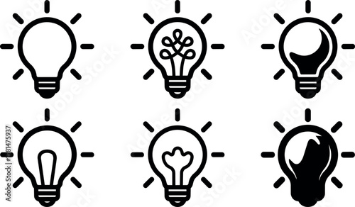 Black and white glowing light bulb icons with different filament styles vector art