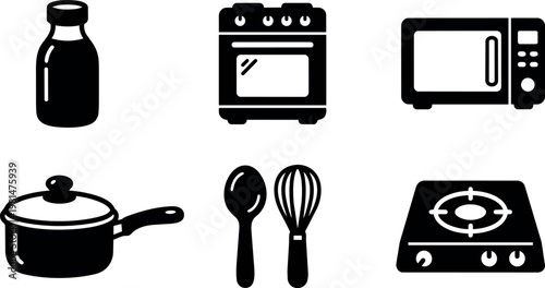 Black and white kitchen utensils set with stove microwave and pot flat design vector art