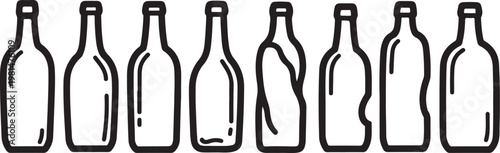 A set of eight identical clear glass drinking bottles Vector