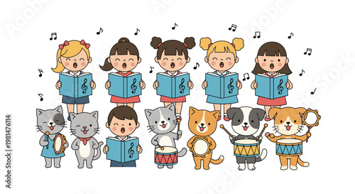 Group of young girls and cute animals including cats and dogs singing in a choir and playing musical instruments with notes.