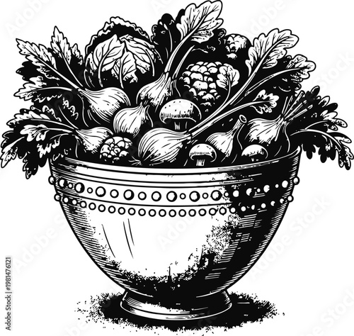 A bountiful harvest of fresh vegetables in an ornate bowl rendered in a detailed engraving style