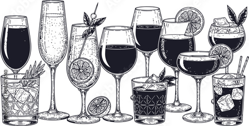 A collection of assorted alcoholic beverages in elegant glassware with garnishes during a sophisticated evening gathering