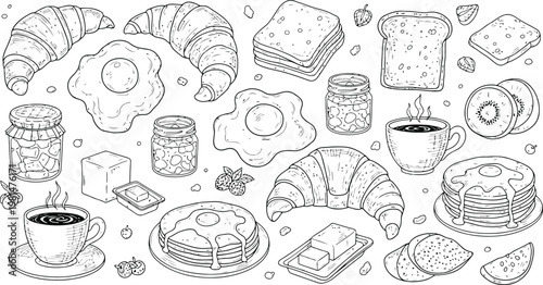 A delightful hand-drawn collection of breakfast items including croissants pancakes fried eggs toast jam and coffee in a simple line art style