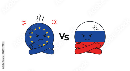 Political confrontation between the European Union and Russia depicted as angry spheres with national flags facing each other for a fight.