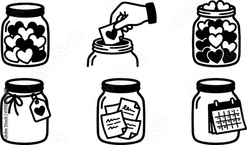 Black and white hand placing heart note in jar with heart shaped notes and calendar