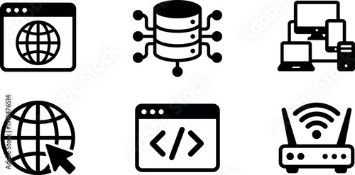 Black and white network and internet technology icons set with server router and devices