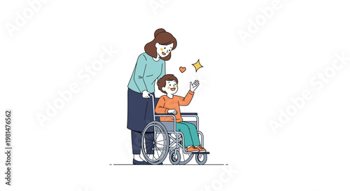 Caring woman assisting a happy young boy in a wheelchair as they enjoy a bright moment together filled with love and positivity.