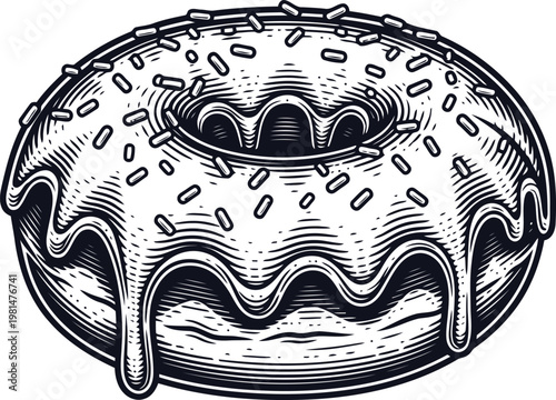 A single glazed donut with sprinkles and icing in a detailed vintage engraving style on a white background