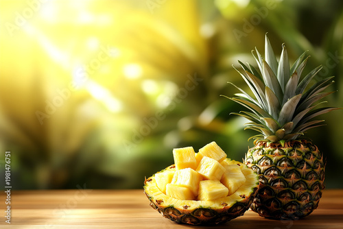 Fresh pineapple cubes neatly arranged inside a half cut pineapple shell with a fresh whole pineapple on a wooden table against a tropical background.