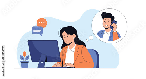 Professional woman working on a desktop computer while daydreaming about a happy man talking on his mobile phone in a thought bubble.