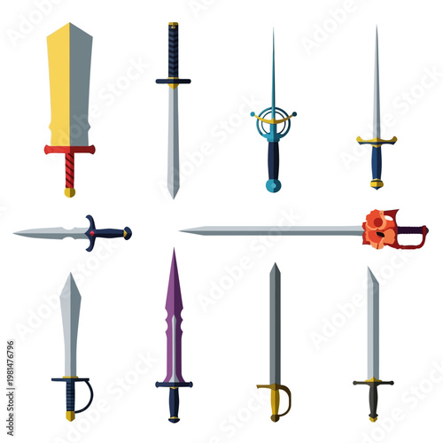 Collection of Fantasy Swords and Medieval Weapons, Vector Illustration