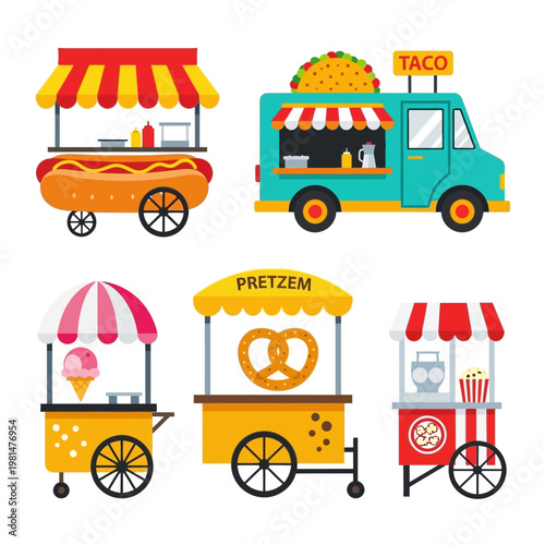Diverse Food Trucks and Carts Collection: Hot Dogs, Tacos, Pretzels, Ice Cream, Popcorn