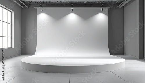 Minimalist Studio with White Backdrop and Natural Light from Window.
