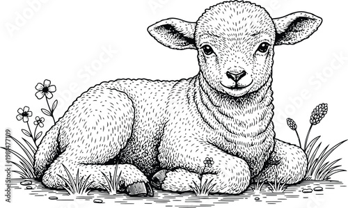 A young lamb resting in a grassy meadow with delicate flowers in a detailed engraving style