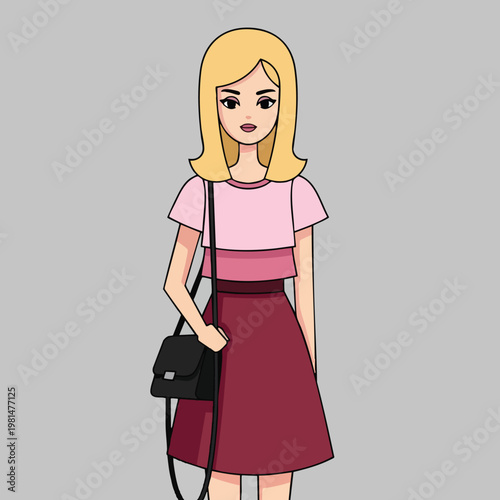 Stylish Young Woman with Blonde Hair and Casual Outfit Standing Against a Neutral Background