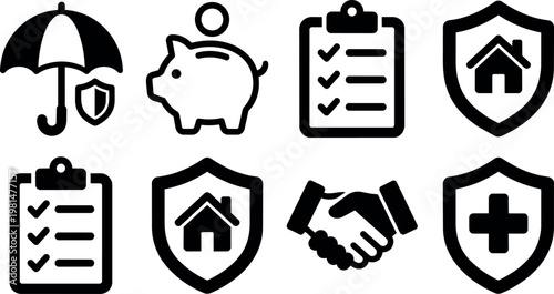 Black and white insurance and finance icons with clipboard checklist piggy bank and handshake