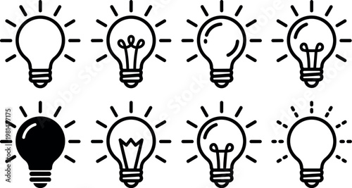 Collection of eight black and white light bulb icons with different filament styles and glowing effects