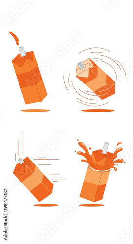 Orange juice carton falling and splashing, isolated on white background