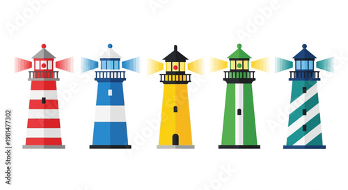 Set of Five Colorful Lighthouses with Beams of Light, Vector Illustration