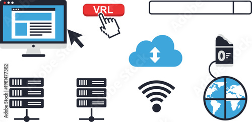 Set of 10 Flat Minimalist Line Icons Featuring Computer, Cloud, Server, Wi-Fi, VRL Button, and World Globe, Ideal for Digital and Web Design